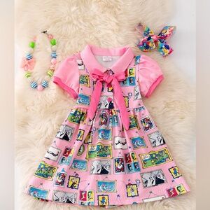 Colorful Graphic Print Dress with Bow Dr. Seuss theme
